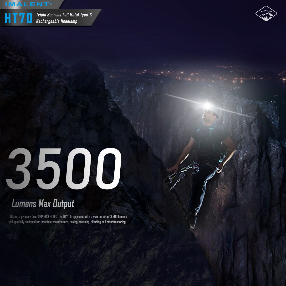 Fronteale IMALENT HT70 con tre sorgenti luminose, 3500 lumen, ricaricabile, design ergonomico per avventure all'aperto.