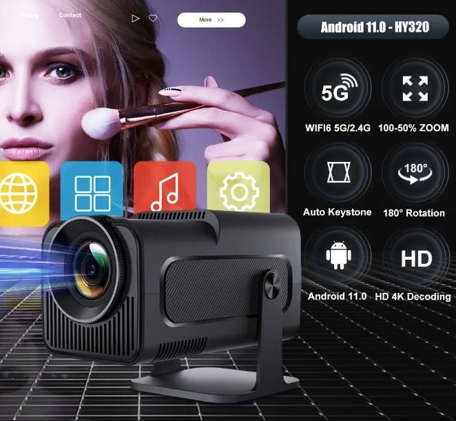 HY320 Proiettore Android 11 Compatto 4K Nativo 390 Lumen ANSI Doppio WiFi6 Bluetooth 5.0 Cinema Domestico e All'Aperto