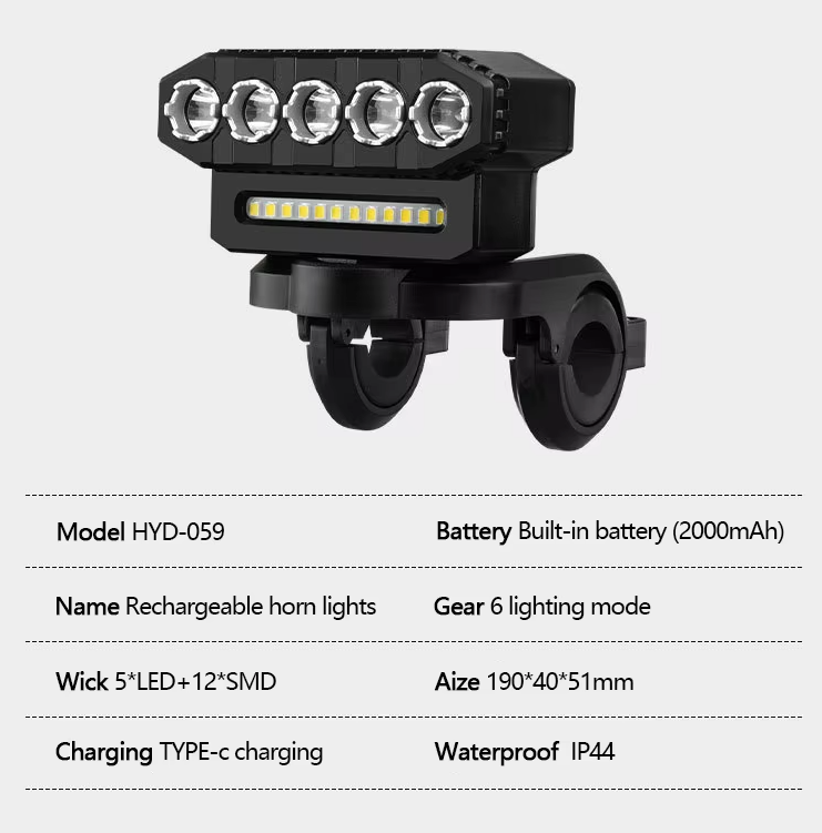 Luce anteriore per bicicletta ricaricabile via USB con clacson da ciclismo da 120dB e design impermeabile per pendolari urbani e ciclisti.