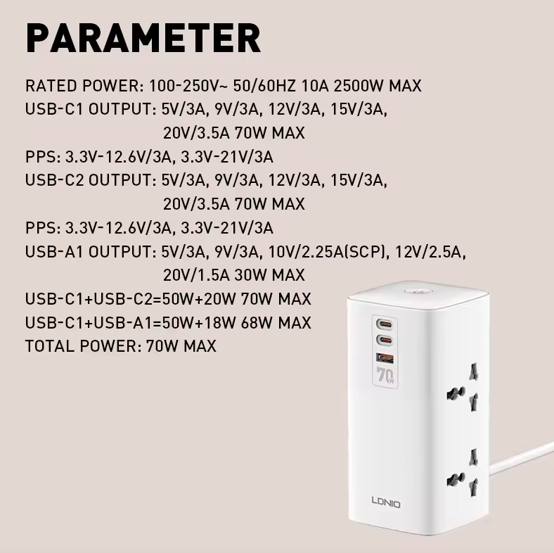 LDNIO Multipresa Verticale 70W: Caricabatterie USB-C/A Universale, Cubo Salvaspazio per Casa/Ufficio