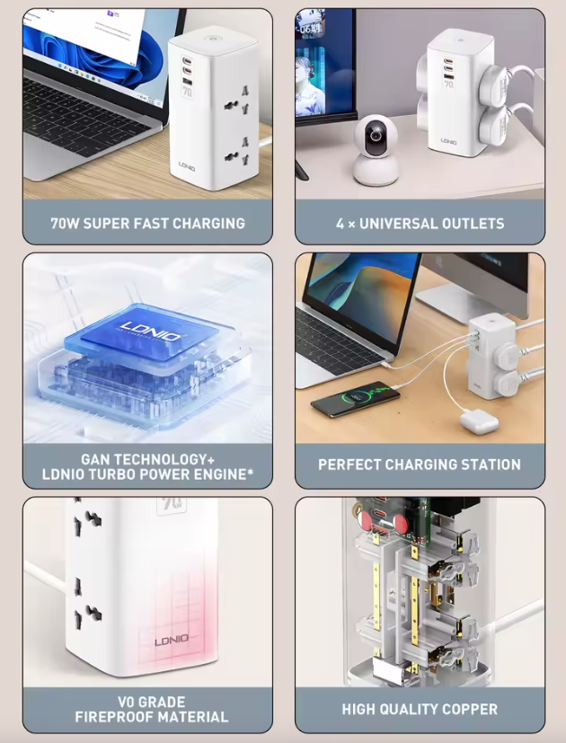 LDNIO Multipresa Verticale 70W: Caricabatterie USB-C/A Universale, Cubo Salvaspazio per Casa/Ufficio