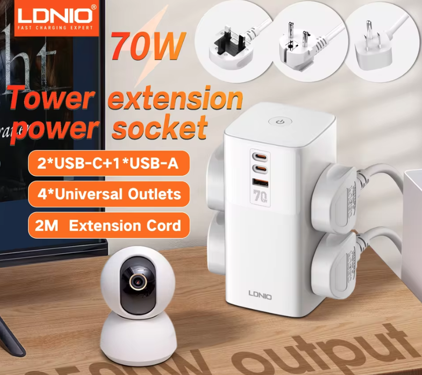 LDNIO Multipresa Verticale 70W: Caricabatterie USB-C/A Universale, Cubo Salvaspazio per Casa/Ufficio