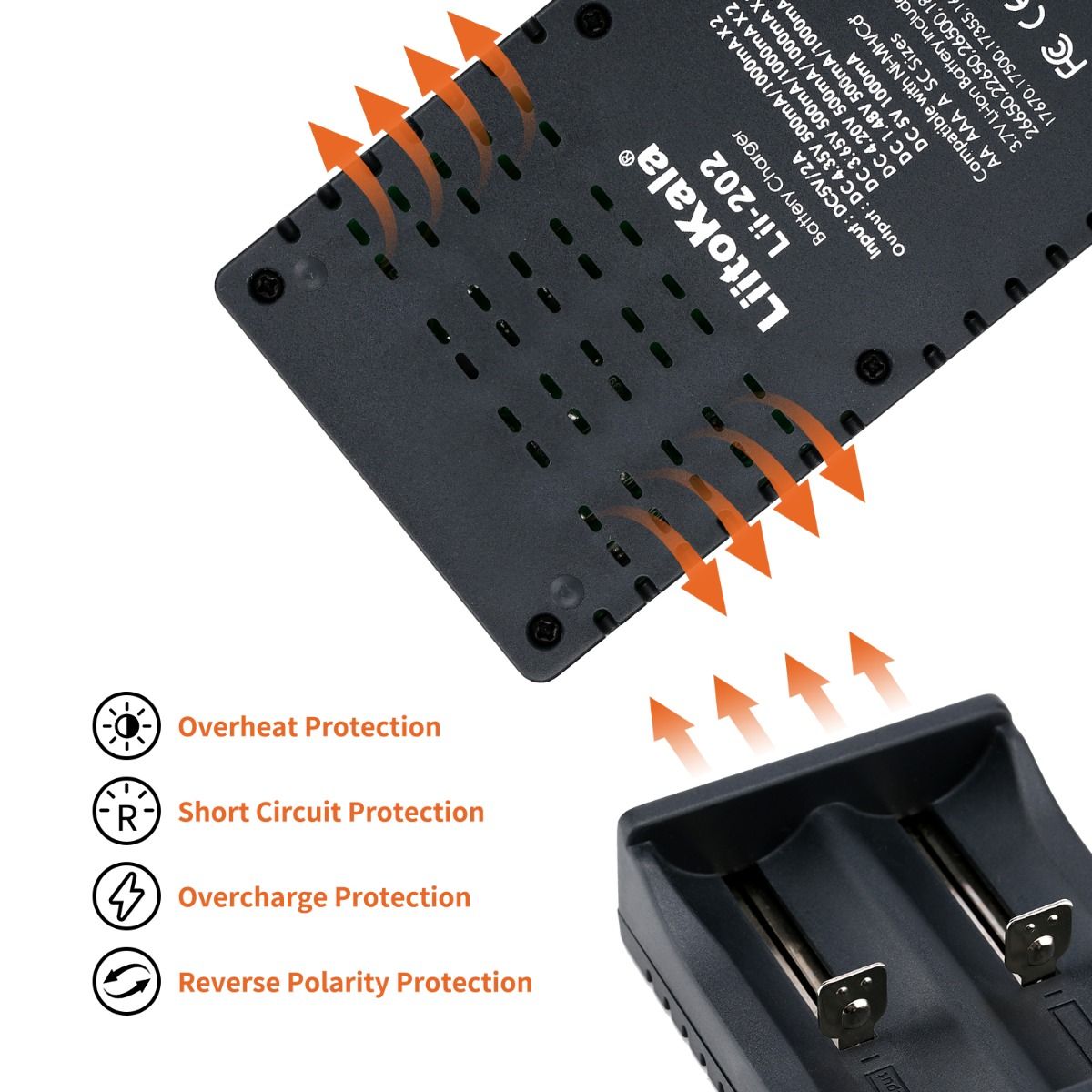 LiitoKala Lii-202 caricabatterie intelligente per batterie 3.7V Li-ion 18650 21700 NiMH con doppio canale di ricarica ingresso Micro USB uscita USB per ricarica efficiente e sicura