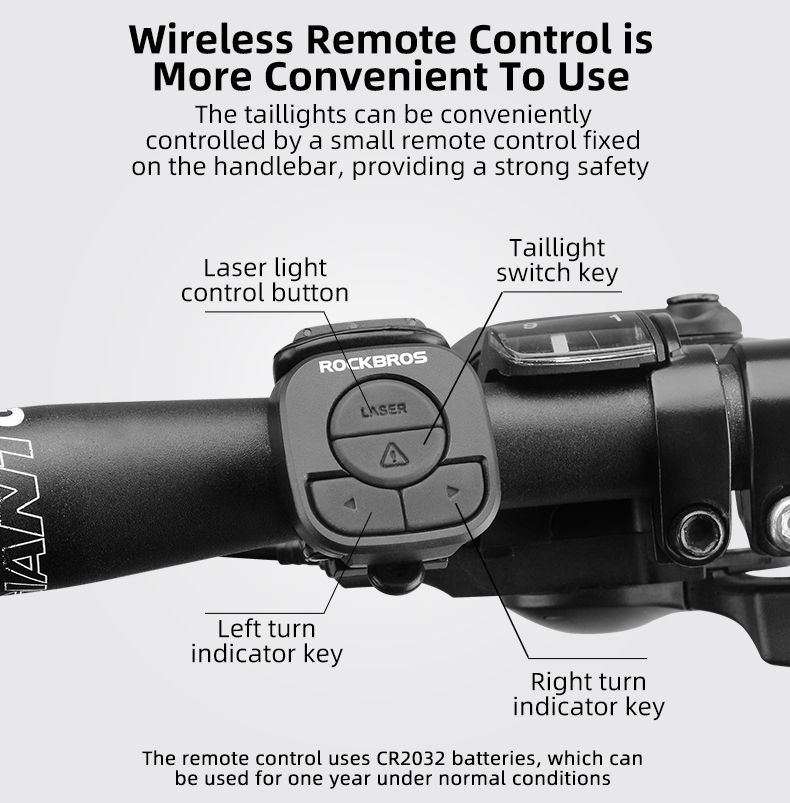 ROCKBROS LKWD-R1 Luce Bici Smart USB LED con Telecomando Wireless Segnalatore di Svoltata Proiettore Laser per Sicurezza in Bicicletta