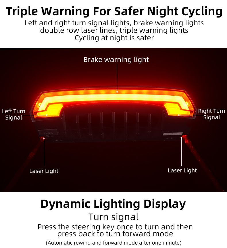 ROCKBROS LKWD-R1 Luce Bici Smart USB LED con Telecomando Wireless Segnalatore di Svoltata Proiettore Laser per Sicurezza in Bicicletta