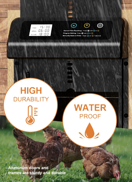 Apriporta automatico per pollaio con timer integrato, porta elettrica in alluminio resistente alle intemperie e durevole