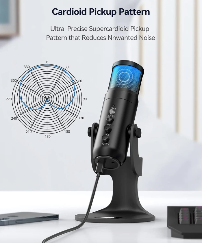 MU900PRO Microfono USB RGB per Streaming con illuminazione RGB dinamica e pattern di ripresa cardioide per un'alta qualità audio