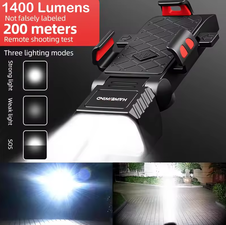 Luce anteriore per bicicletta con clacson e supporto per telefono, faro per bici multifunzionale con supporto per telefono, accessori per ciclismo