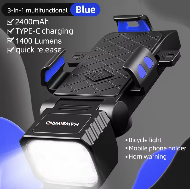 Luce anteriore per bicicletta con clacson e supporto per telefono, faro per bici multifunzionale con supporto per telefono, accessori per ciclismo
