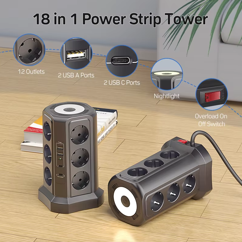XT-G3211 Multipresa Ciabatta Elettrica Protezione Sovratensione 4000W 16A con USB e Luce Notturna, Multi-Plug Presa EU