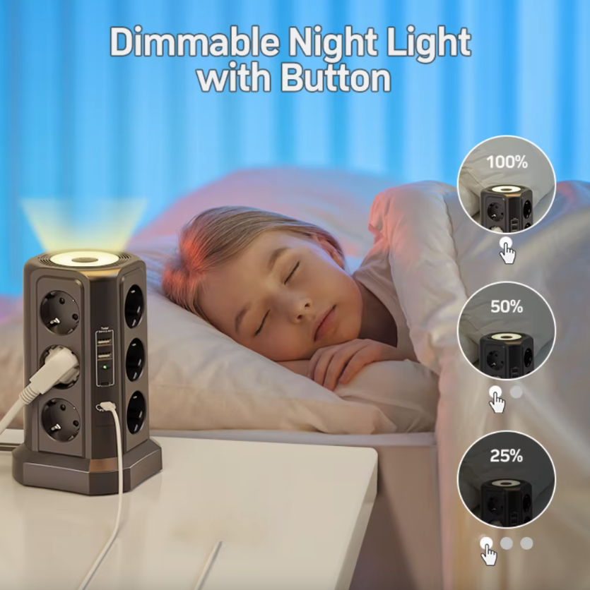 XT-G3211 Multipresa Ciabatta Elettrica Protezione Sovratensione 4000W 16A con USB e Luce Notturna, Multi-Plug Presa EU