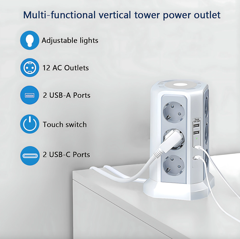 XT-G3211 Multipresa Ciabatta Elettrica Protezione Sovratensione 4000W 16A con USB e Luce Notturna, Multi-Plug Presa EU