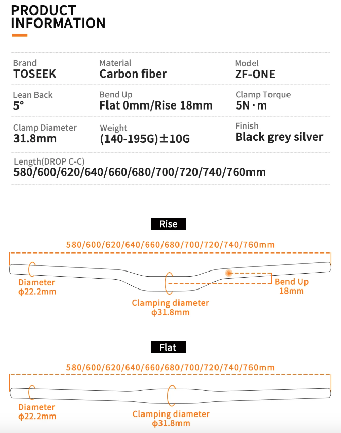TOSEEK ZF-ONE Manubrio MTB in carbonio 31.8mm Leggero Nero Opaco 580mm 760mm Design ergonomico Qualità premium