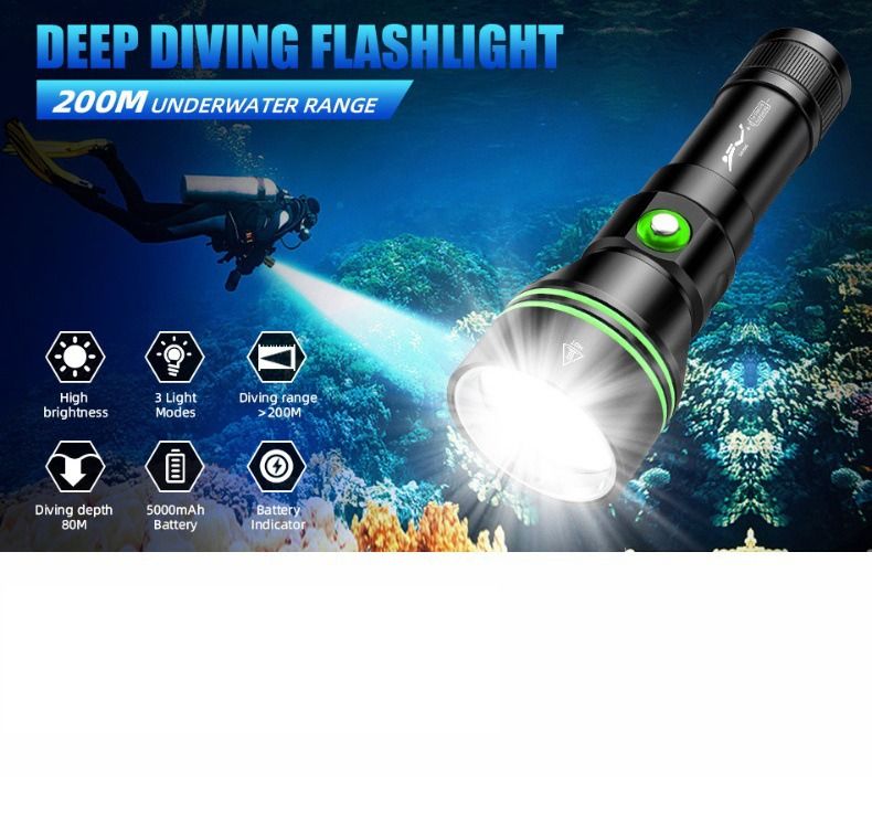 Scopri Torcia Subacquea P70 5000 Lumen, Super Luminosa, Impermeabile IPX8 Immersione 200m
