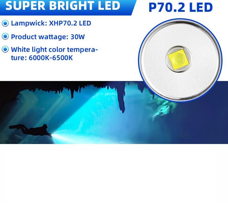 Scopri Torcia Subacquea P70 5000 Lumen, Super Luminosa, Impermeabile IPX8 Immersione 200m