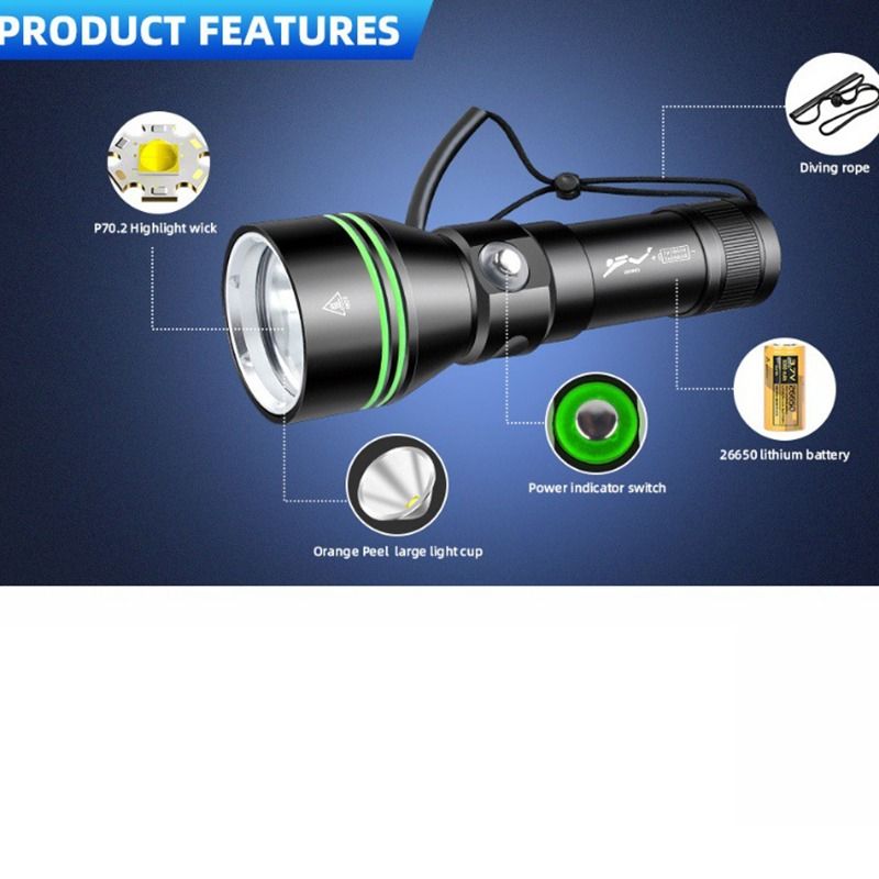 Scopri Torcia Subacquea P70 5000 Lumen, Super Luminosa, Impermeabile IPX8 Immersione 200m