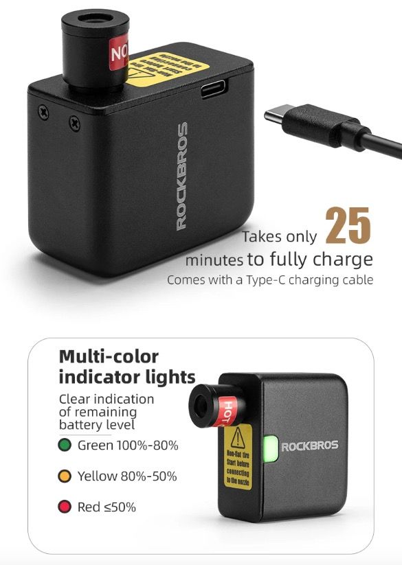 ROCKBROS Pompa Elettrica Portatile Mini 100 PSI Ricaricabile Durevole Gonfiatore per Pneumatici Bici Moto Auto