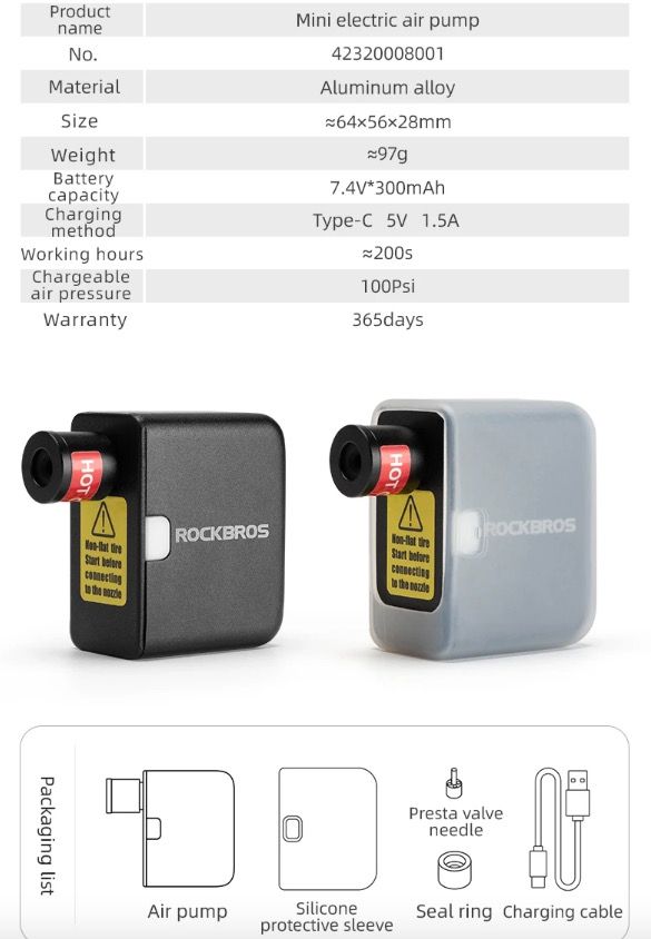 ROCKBROS Pompa Elettrica Portatile Mini 100 PSI Ricaricabile Durevole Gonfiatore per Pneumatici Bici Moto Auto