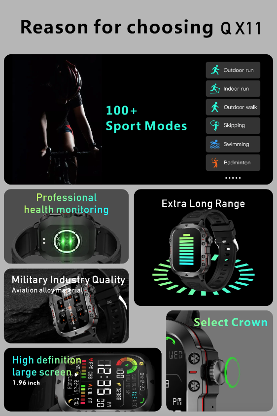 Smartwatch QX11 Uomo IP68 5ATM Chiamata BT Outdoor Sport Fitness Tracker Monitor Salute 1.96" Orologio Intelligente