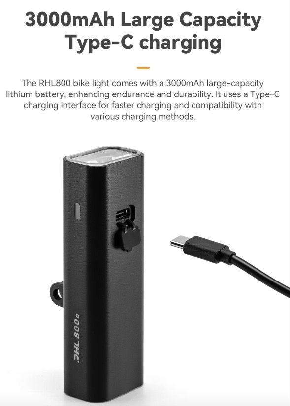 ROCKBROS RHL-1000LUMEN Luce anteriore per bici con 1000 lumen alta luminosità antipioggia ricaricabile Type-C ideale per ciclismo notturno e ciclisti di montagna robusta e versatile