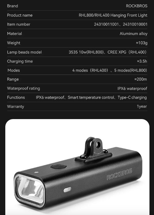 ROCKBROS RHL-1000LUMEN Luce anteriore per bici con 1000 lumen alta luminosità antipioggia ricaricabile Type-C ideale per ciclismo notturno e ciclisti di montagna robusta e versatile