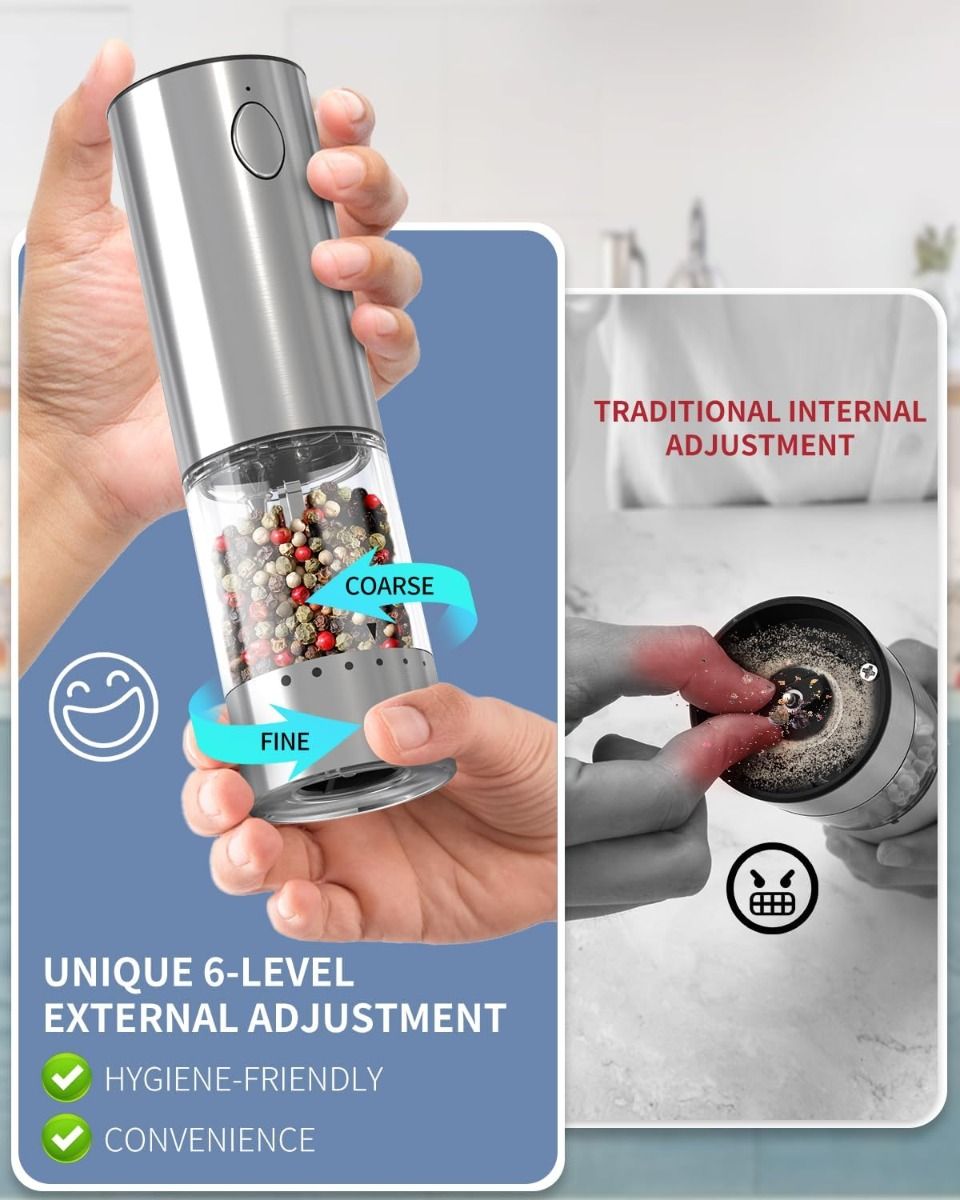 Macinasale Elettrico e Macinapepe Ricaricabile Acciaio Inox, Set 2 Velocità, Base Ricarica 190ml per Cucina