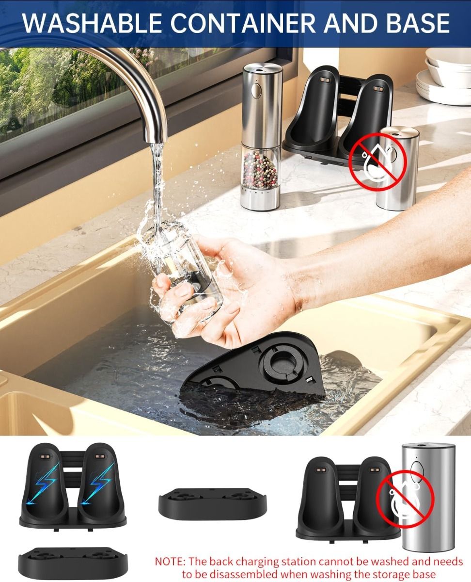 Macinasale Elettrico e Macinapepe Ricaricabile Acciaio Inox, Set 2 Velocità, Base Ricarica 190ml per Cucina