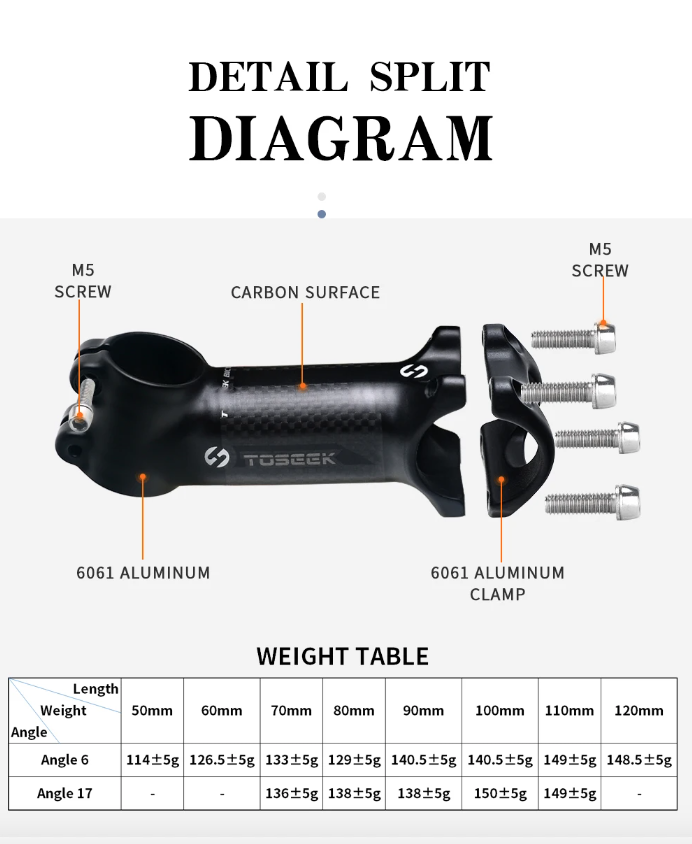TOSEEK Attacco Manubrio MTB 28.6mm Angolo Regolabile Leggero in Alluminio e Carbonio per Appassionati di Ciclismo