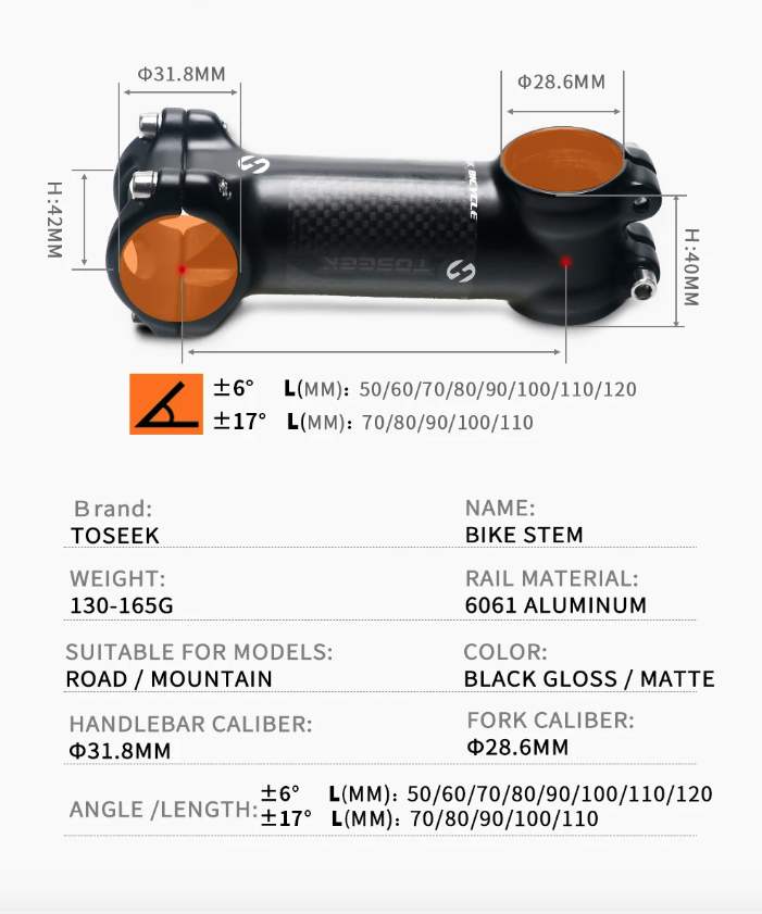 TOSEEK Attacco Manubrio MTB 28.6mm Angolo Regolabile Leggero in Alluminio e Carbonio per Appassionati di Ciclismo