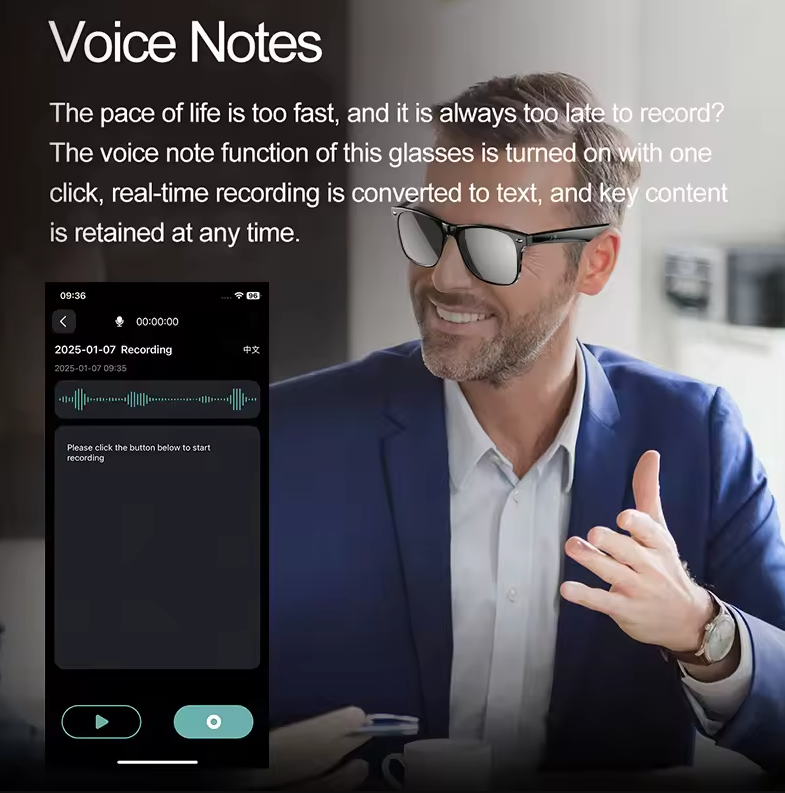 Occhiali Smart da Sole con Traduzione AI in Tempo Reale, Chiamate Bluetooth e Musica. Riduci il Rumore!