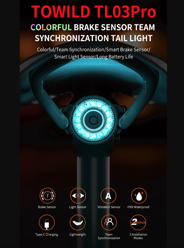 TOWILD TL03Pro Luce Posteriore Bicicletta LED con Sensore di Frenata Intelligente e Flash a Sette Colori Plastica ABS Resistente per Sicurezza e Visibilità Massima