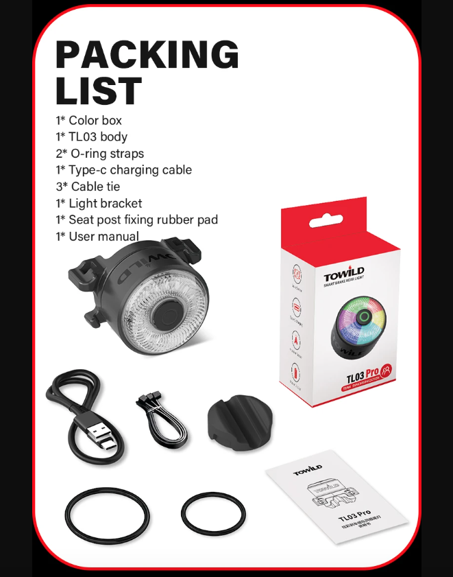 TOWILD TL03Pro Luce Posteriore Bicicletta LED con Sensore di Frenata Intelligente e Flash a Sette Colori Plastica ABS Resistente per Sicurezza e Visibilità Massima