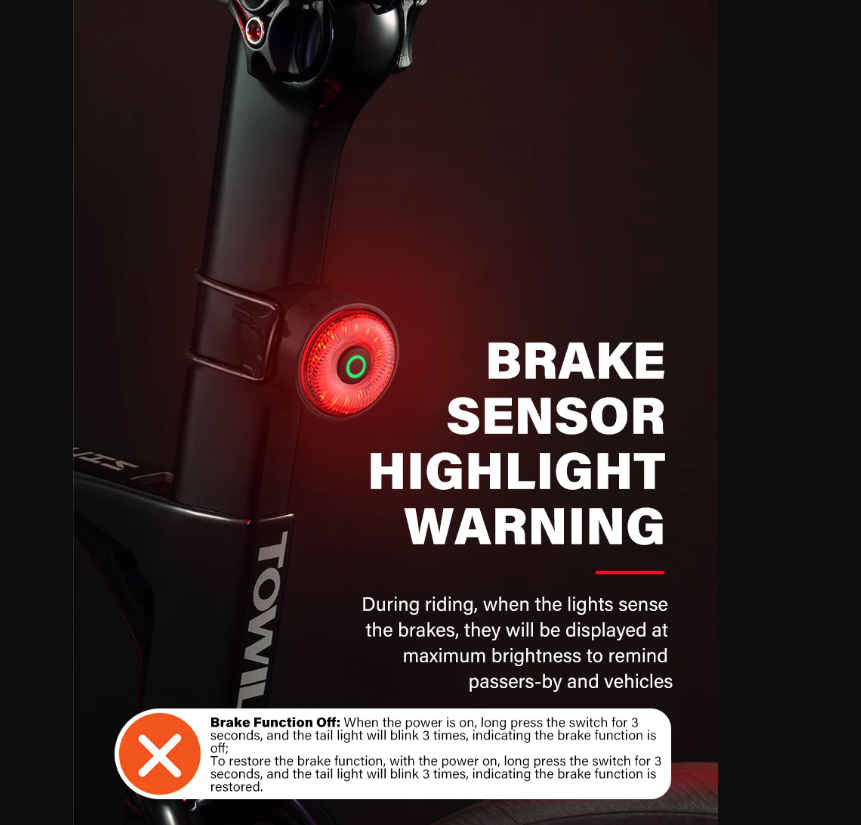 TOWILD TL03Pro Luce Posteriore Bicicletta LED con Sensore di Frenata Intelligente e Flash a Sette Colori Plastica ABS Resistente per Sicurezza e Visibilità Massima