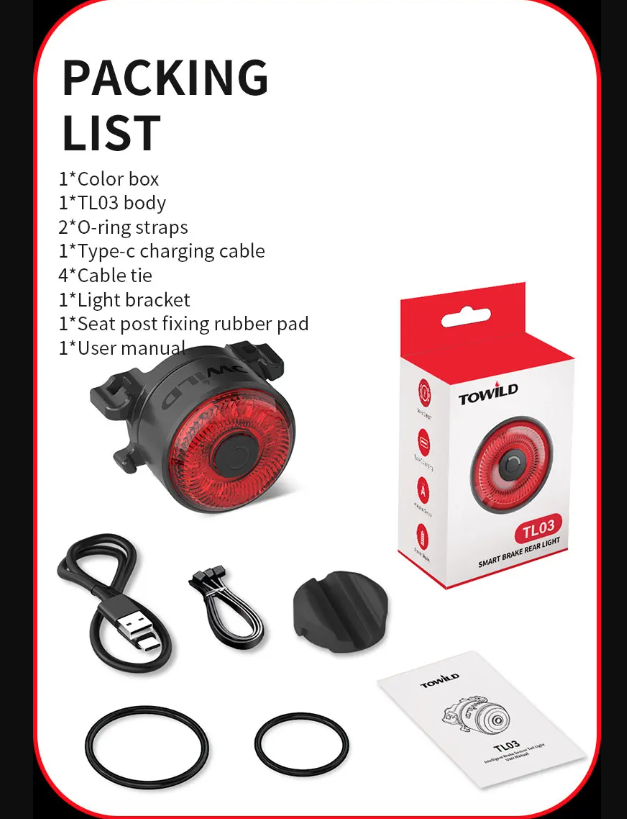 Scopri TOWILD TL03 luce freno intelligente per bicicletta con sensore ambientale design in lega di alluminio cinque modalità di lampeggio per massima sicurezza e visibilità in bici