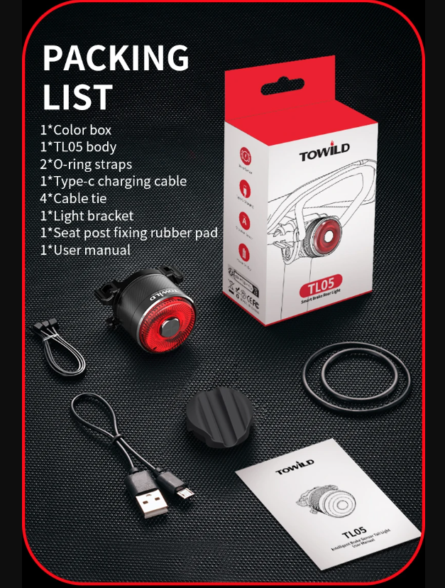 TOWILD TL05 Luce Posteriore con Rilevamento Automatico della Frenata Intelligente, Impermeabile IPX6, Luce di Sicurezza per Bicicletta con Batteria da 100 Ore