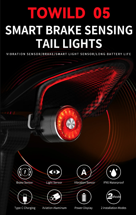 TOWILD TL05 Luce Posteriore con Rilevamento Automatico della Frenata Intelligente, Impermeabile IPX6, Luce di Sicurezza per Bicicletta con Batteria da 100 Ore