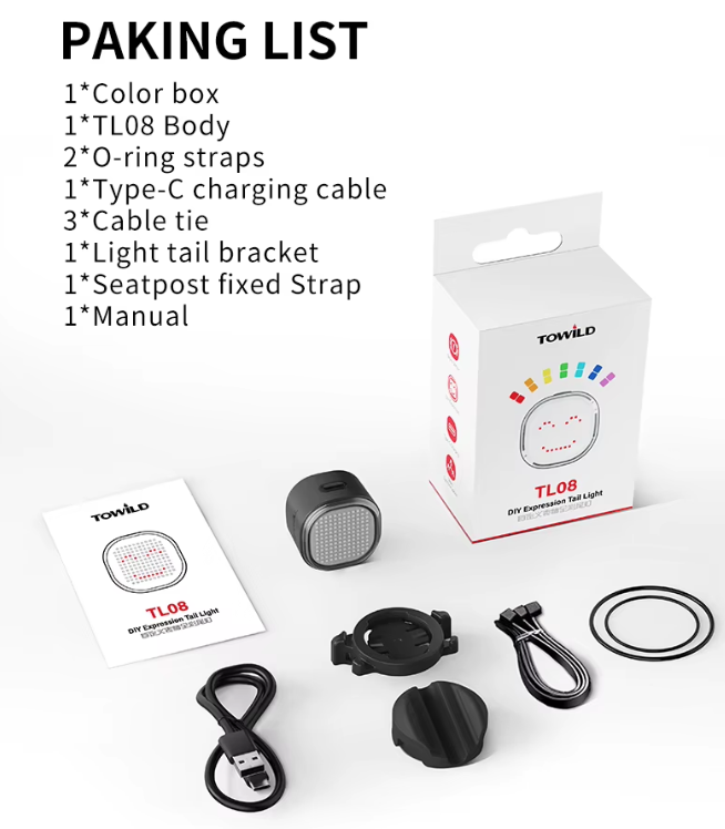 TOWILD TL08 Fanale Posteriore Bici Intelligente, Luce Personalizzabile Display Sensore Freno, USB-C IPX6, Alta Visibilità Ciclismo Sicuro