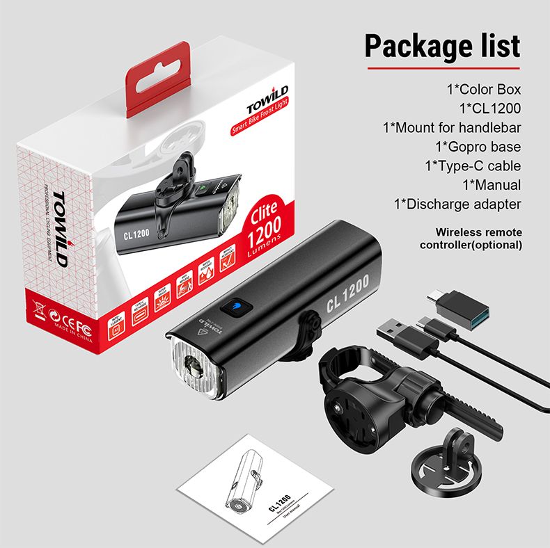 TOWILD CL1200 1200LM Luce per Bicicletta Ricaricabile USB Faro Anteriore con Telecomando Wireless per la Sicurezza Notturna in Bicicletta
