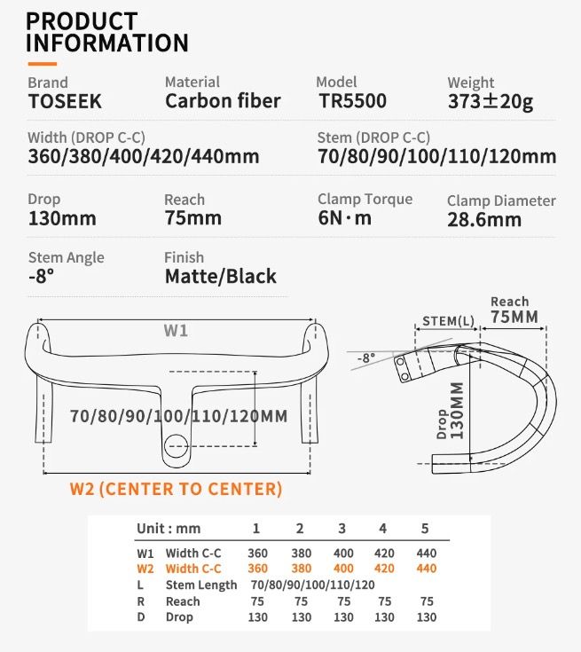 TOSEEK TR5500 attacco manubrio bici da strada design aerodinamico in fibra di carbonio ultra leggero finitura nero opaco parti ciclismo premium per prestazioni robuste su strada