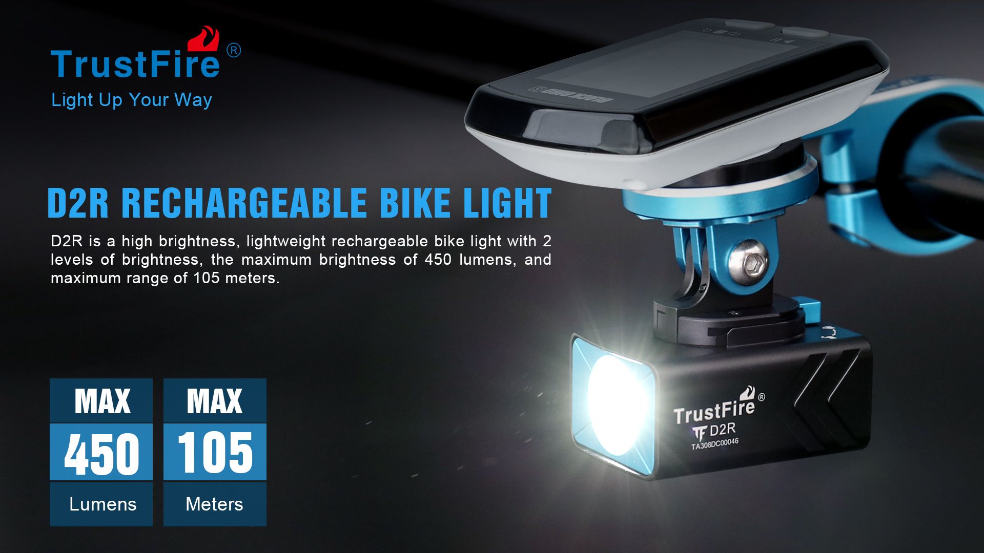 TrustFire D2R Luce per Bicicletta 450LM Impermeabile Faro Anteriore Ricaricabile con Type-C Lampada Ciclistica per Sicurezza e Visibilità