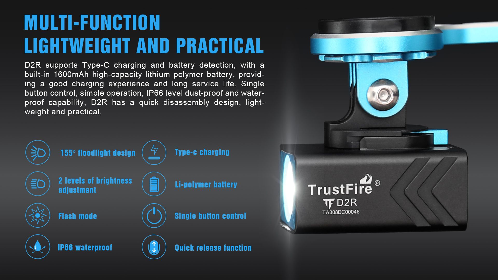 TrustFire D2R Luce per Bicicletta 450LM Impermeabile Faro Anteriore Ricaricabile con Type-C Lampada Ciclistica per Sicurezza e Visibilità
