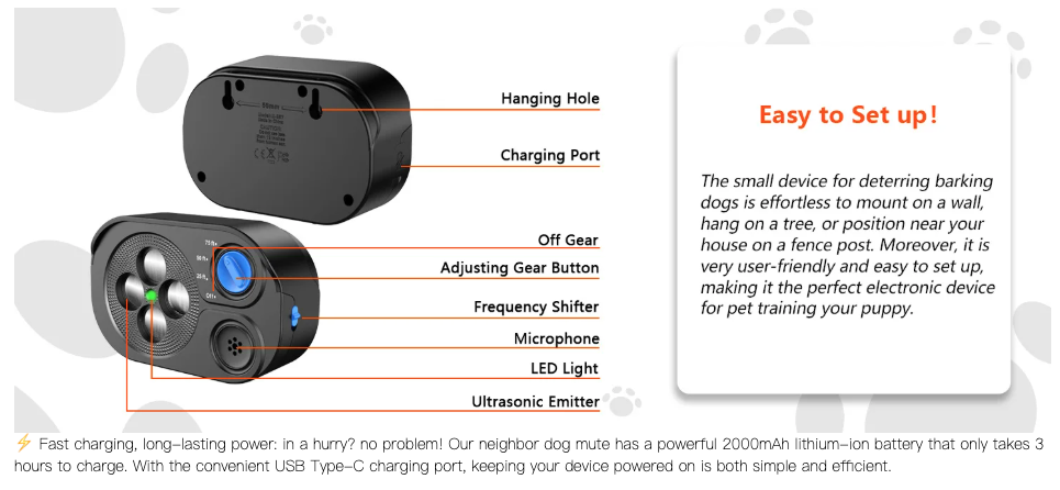 Dispositivo Anti Abbaio per Cani, Addestramento Anti Abbaio con Ultrasuoni, Dispositivo di Azionamento del Cane