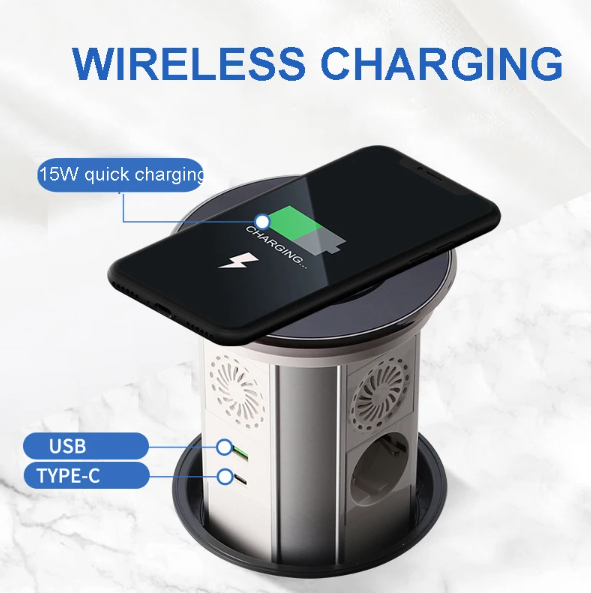 Prese elettriche sollevabili VENSTPOW con ricarica wireless USB, presa a scomparsa motorizzata per uno spazio di lavoro organizzato.
