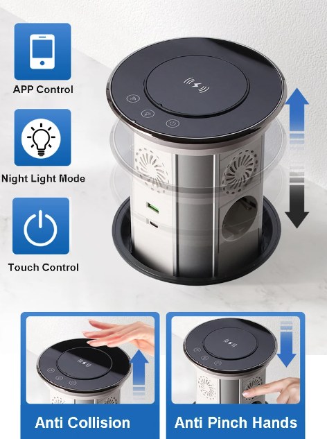 Prese elettriche sollevabili VENSTPOW con ricarica wireless USB, presa a scomparsa motorizzata per uno spazio di lavoro organizzato.
