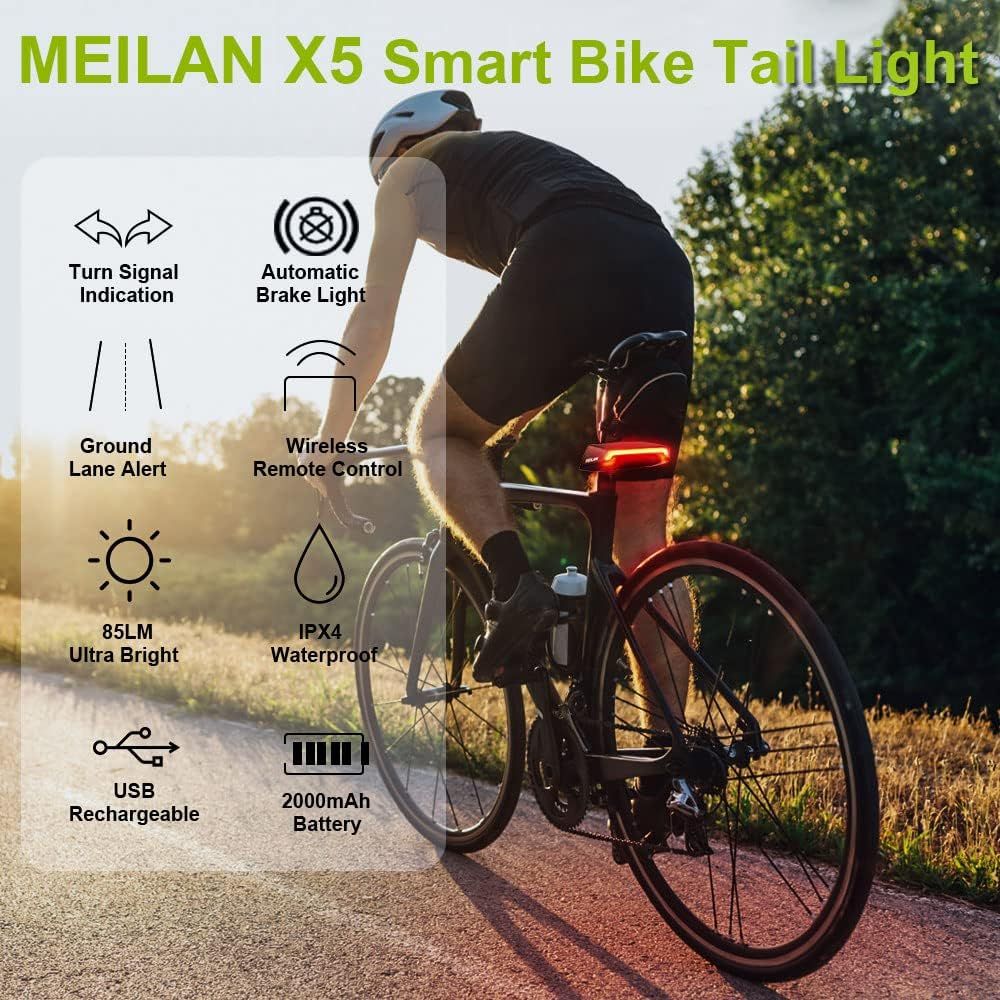 Meilan X5 Luce Posteriore Bici Intelligente con Indicatori di Direzione | Stop Auto, Telecomando, USB