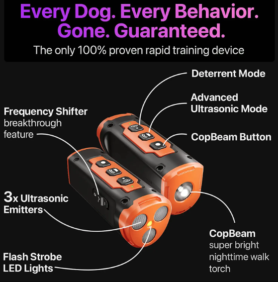 Repellente per cani ricaricabile con tecnologia a ultrasuoni, controllo efficace dell'abbaiare e torcia LED.