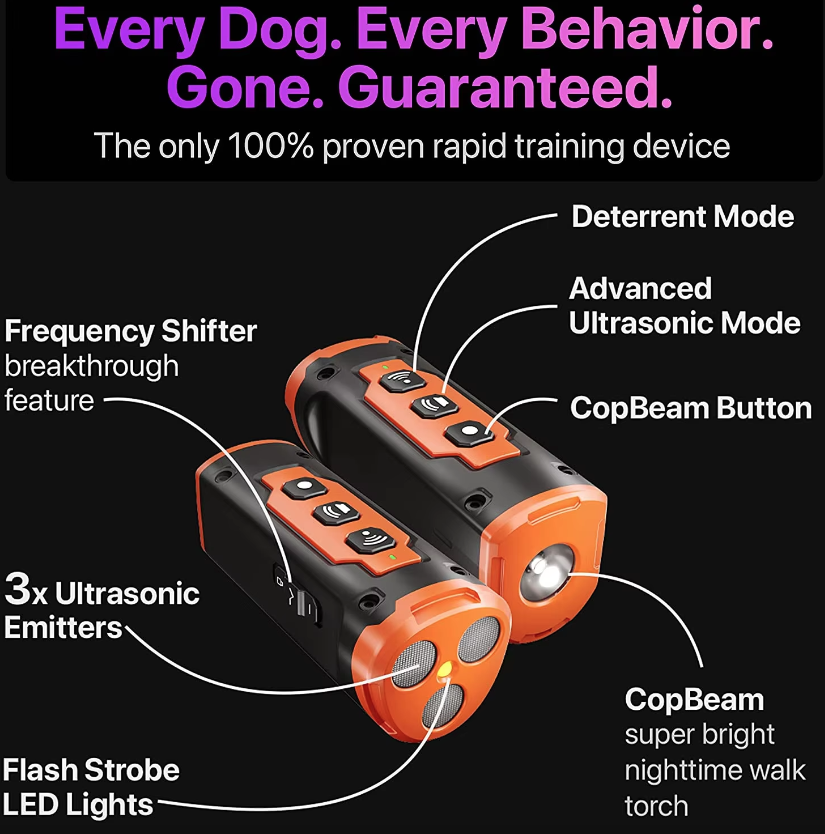 Dispositivo di Addestramento per Cani ad Ultrasuoni Tecnologia Innovativa Controllo dell'Abbaio Accessorio Antiabbaio per Cani con Suoni Multipli e Torcia Integrata