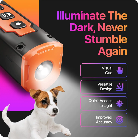 Repellente per cani ricaricabile con tecnologia a ultrasuoni, controllo efficace dell'abbaiare e torcia LED.