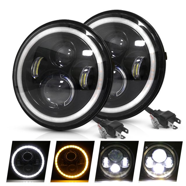Faro LED per moto da 7 pollici per Jeep Wrangler Lada Niva 4x4, con luce gialla e bianca brillante, occhio d'angelo, design resistente alle intemperie.