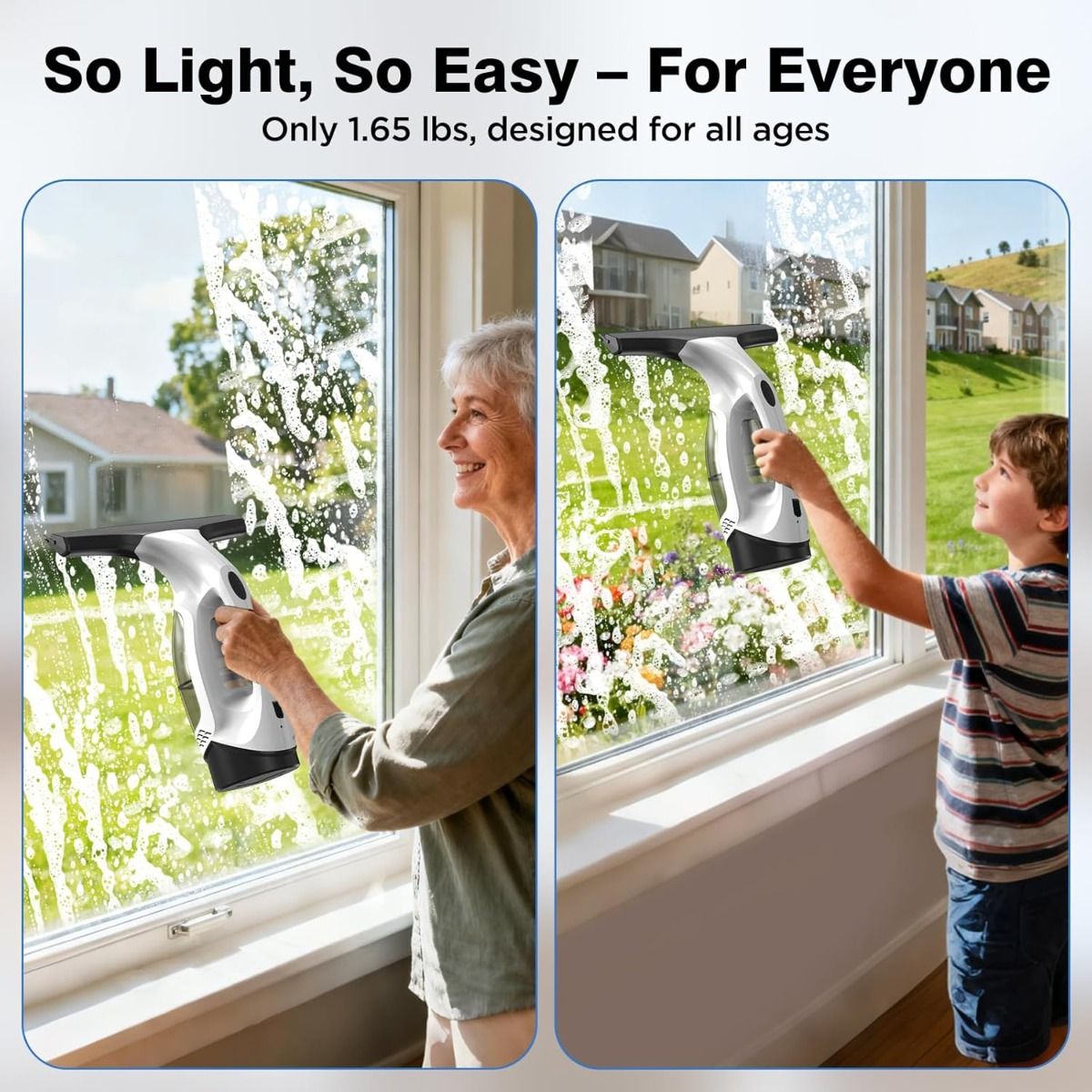 Cordless Window Vacuum Squeegee, 2000Pa Suction, 2200mAh, 150ml Tank for Glass, Mirrors, Tiles